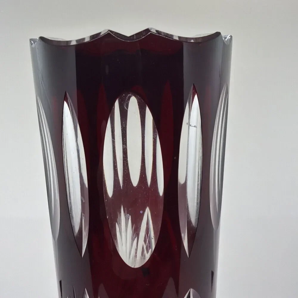 Vintage Bohemian Cut to Clear Ruby Red Cylinder Vase  12 Inches